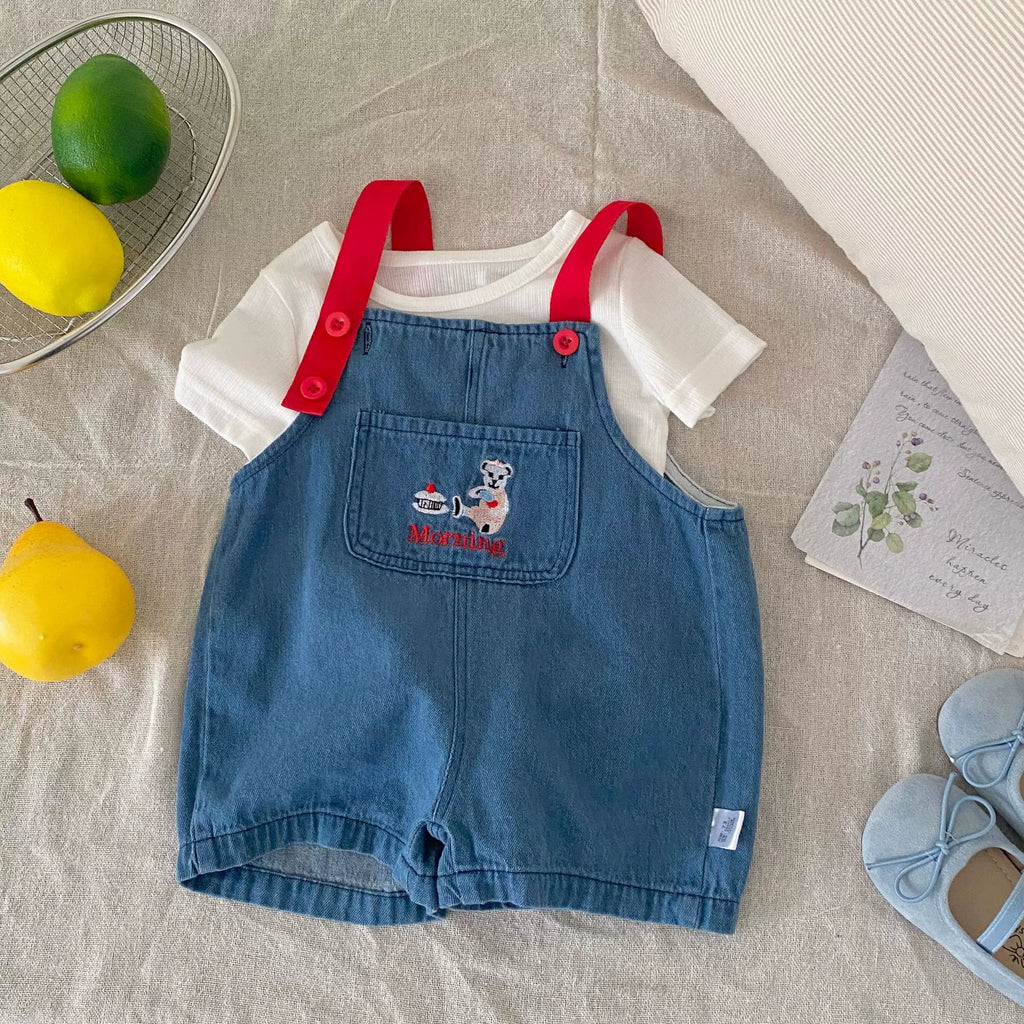 Summer Arrival Baby Unisex Cartoon Embroidered Sleeveless Denim Strap Overalls-0
