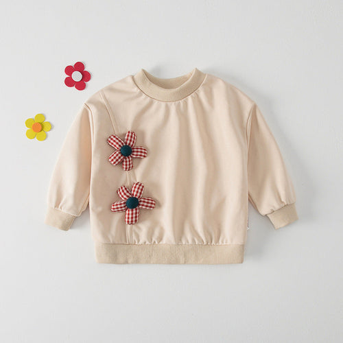 Autumn Design Kids Girls Crew Neck Long Sleeves 3D Flowers Pattern Attached Top Pullover Shirt-1