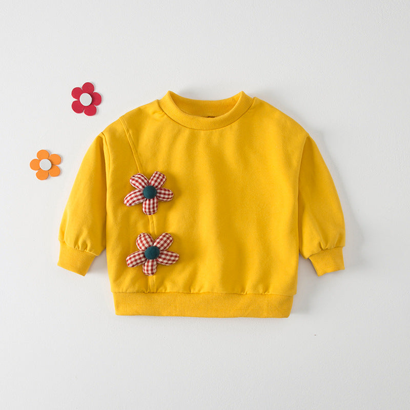 Autumn Design Kids Girls Crew Neck Long Sleeves 3D Flowers Pattern Attached Top Pullover Shirt-2