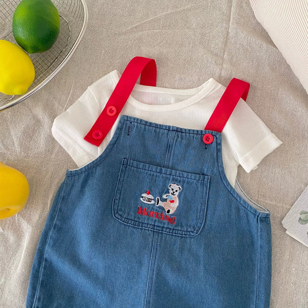 Summer Arrival Baby Unisex Cartoon Embroidered Sleeveless Denim Strap Overalls-3