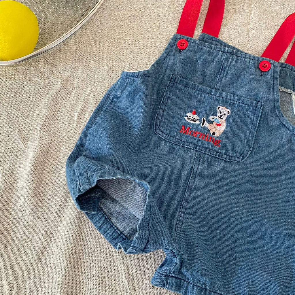 Summer Arrival Baby Unisex Cartoon Embroidered Sleeveless Denim Strap Overalls-1