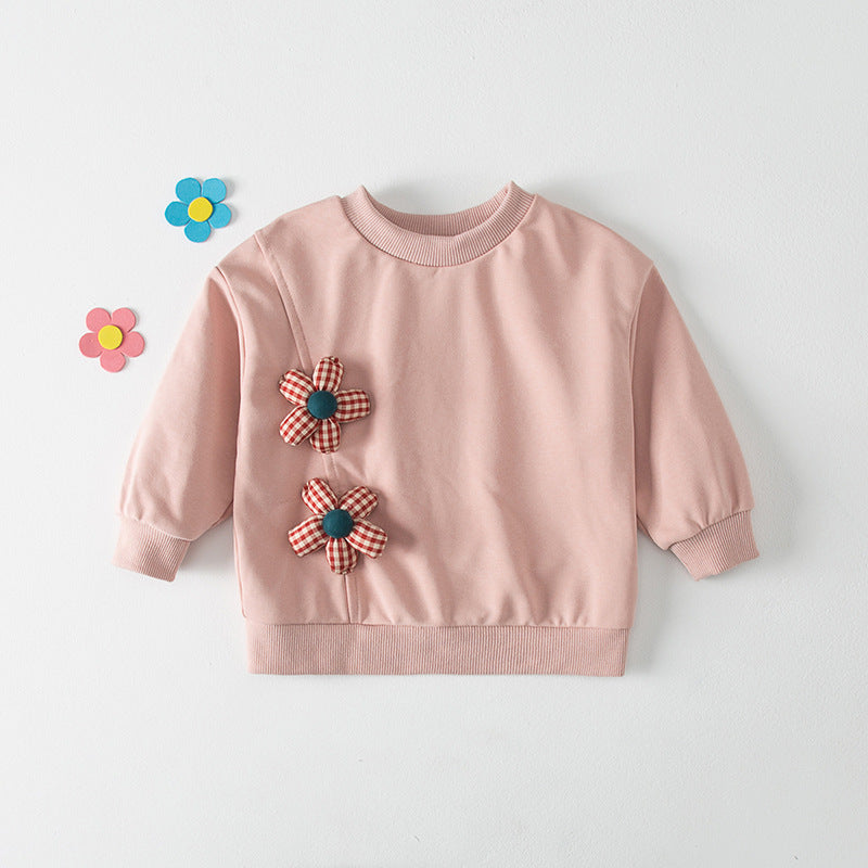 Autumn Design Kids Girls Crew Neck Long Sleeves 3D Flowers Pattern Attached Top Pullover Shirt-3