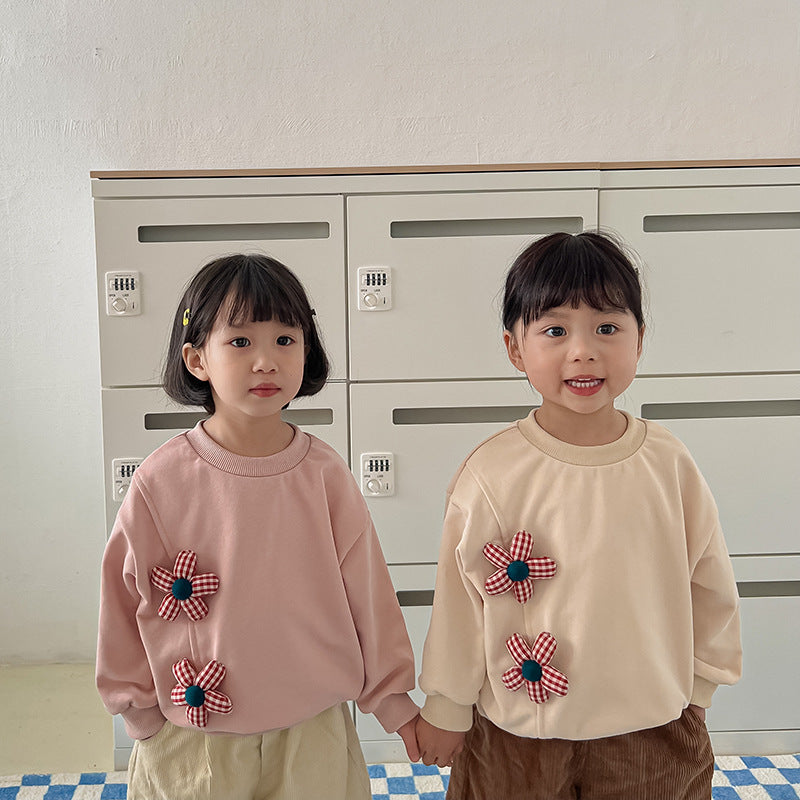 Autumn Design Kids Girls Crew Neck Long Sleeves 3D Flowers Pattern Attached Top Pullover Shirt-4