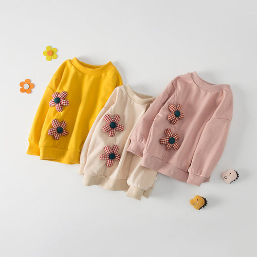 Autumn Design Kids Girls Crew Neck Long Sleeves 3D Flowers Pattern Attached Top Pullover Shirt-0